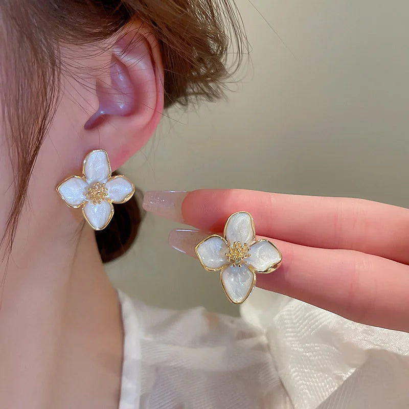 Hibiscus Flower Stud Earrings with Pearly White Petals