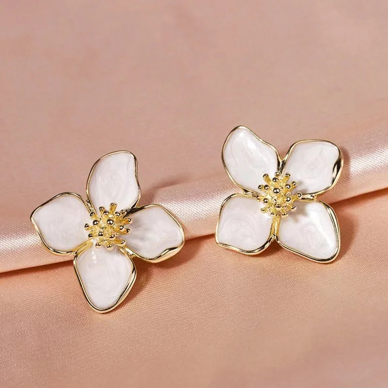 Hibiscus Flower Stud Earrings with Pearly White Petals