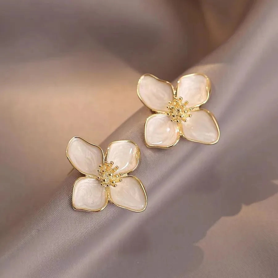 Hibiscus Flower Stud Earrings with Pearly White Petals