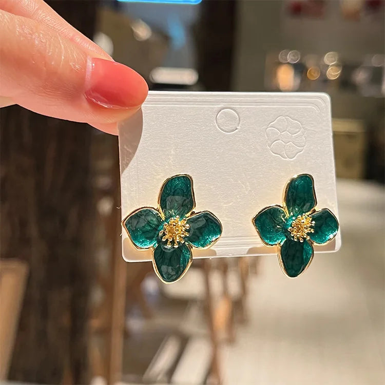 Hibiscus Flower Stud Earrings with Pearly Green Petals