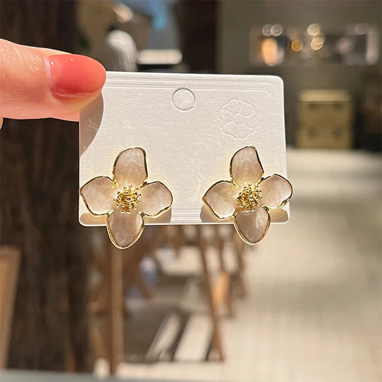 Hibiscus Flower Stud Earrings with Pearly White Petals
