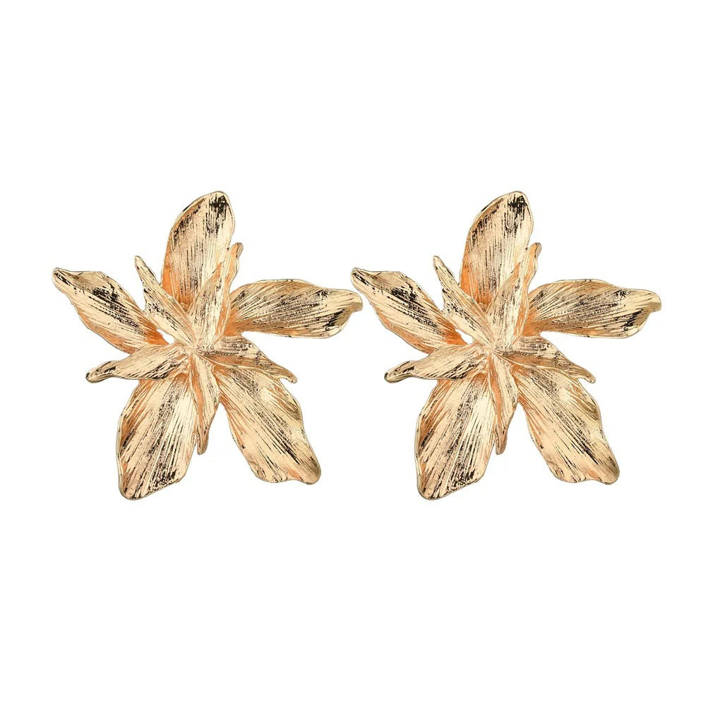 Asymmetrical Large Flower Stud Earrings gold