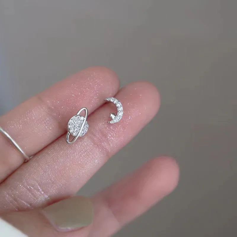 Moon and Sphere Zircon Stud Earrings Silver