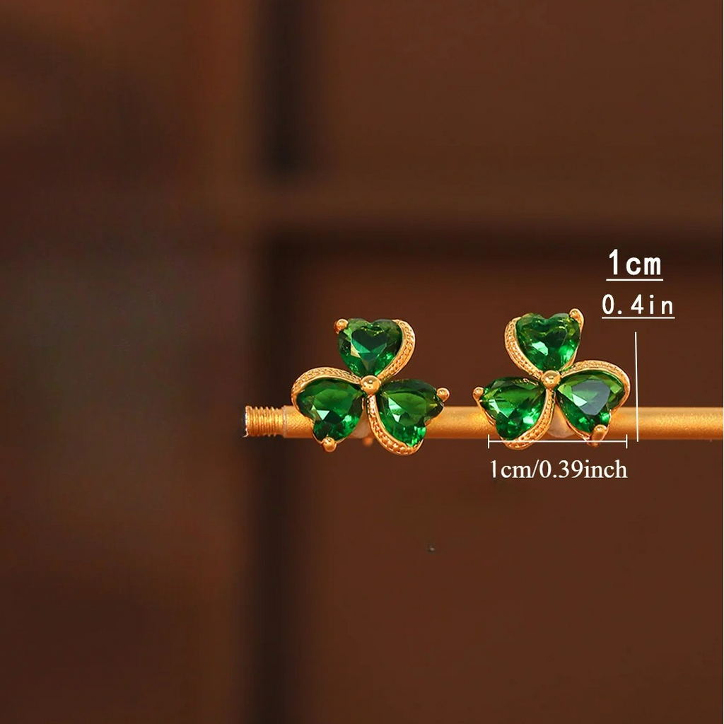 Emerald Green and Zircon 3-Leaf Clover Stud Earrings