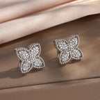 Silver Zircon Four-Leaf Clover Stud Earrings