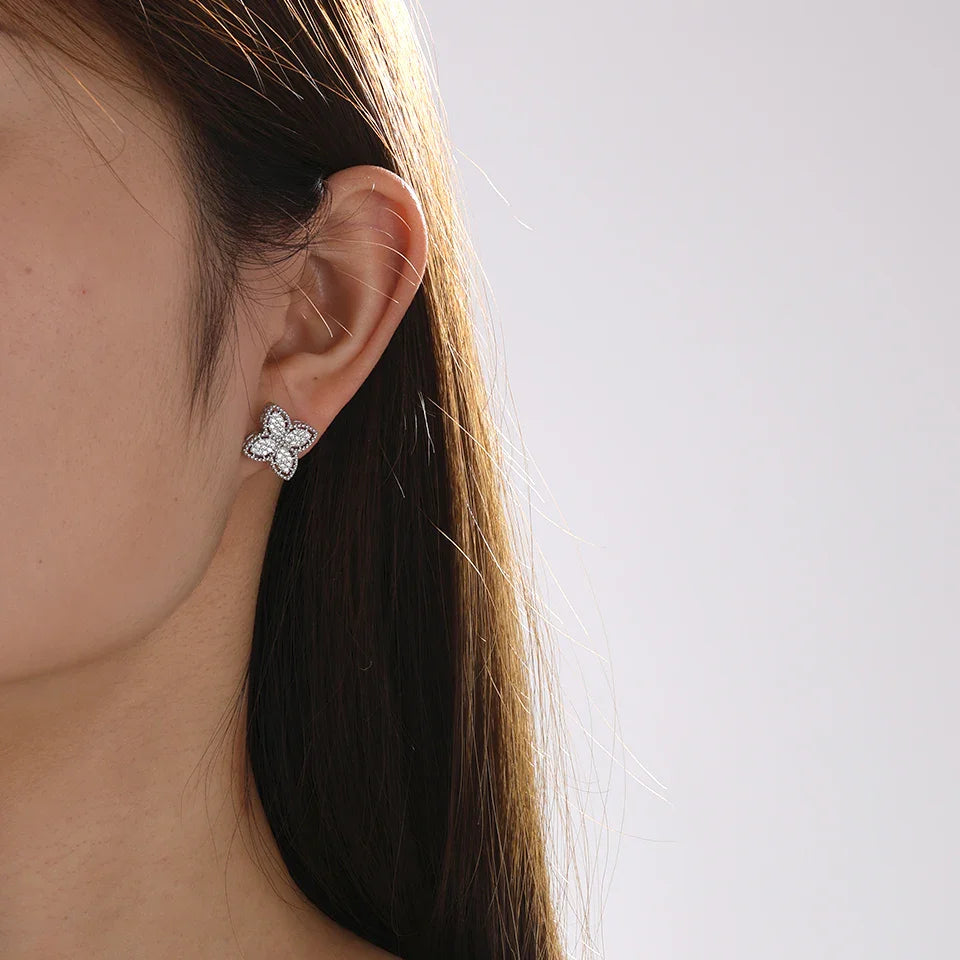 Silver Zircon Four-Leaf Clover Stud Earrings