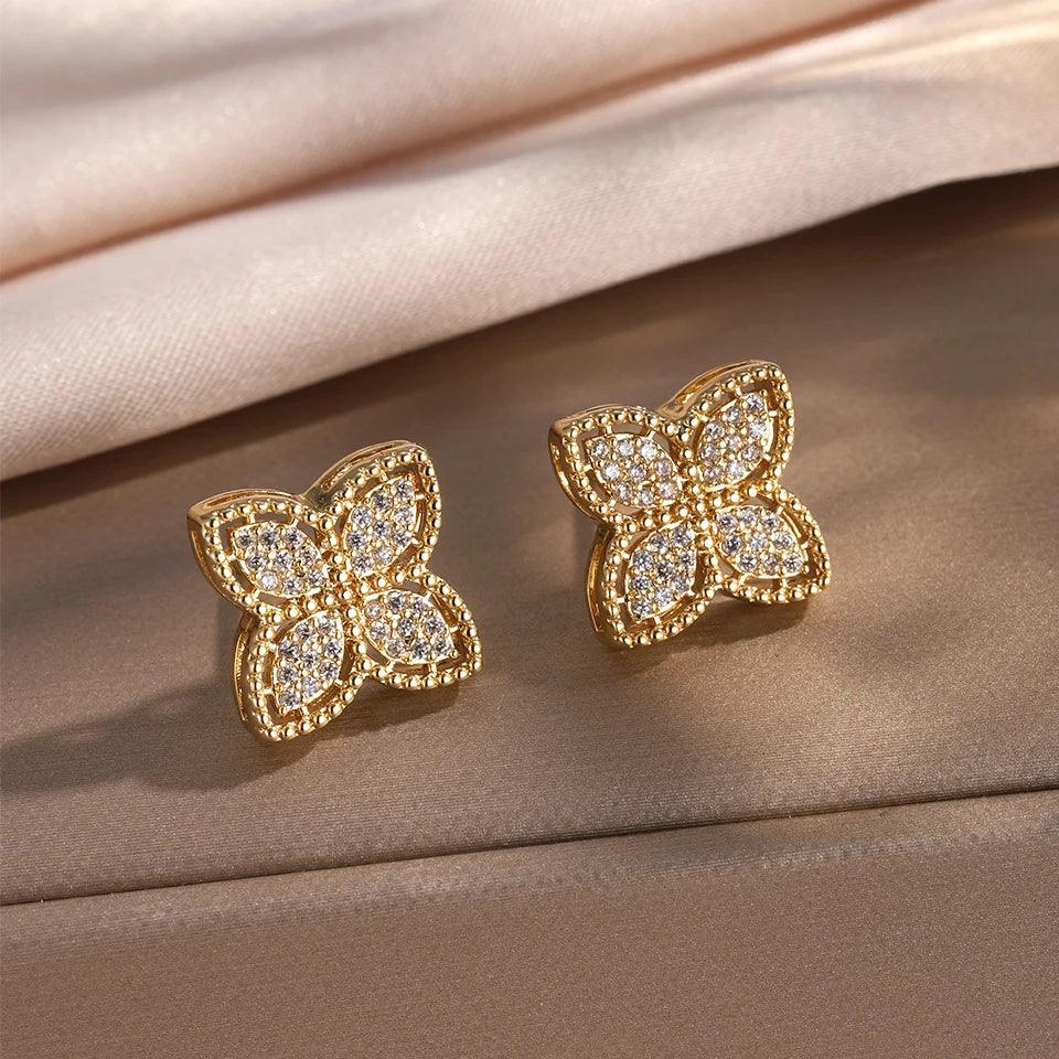 Gold Zircon Four-Leaf Clover Stud Earrings