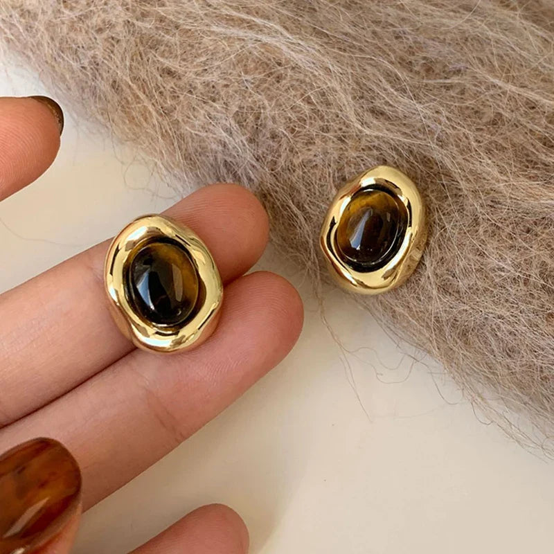 Tiger Eye Oval Stud Earrings