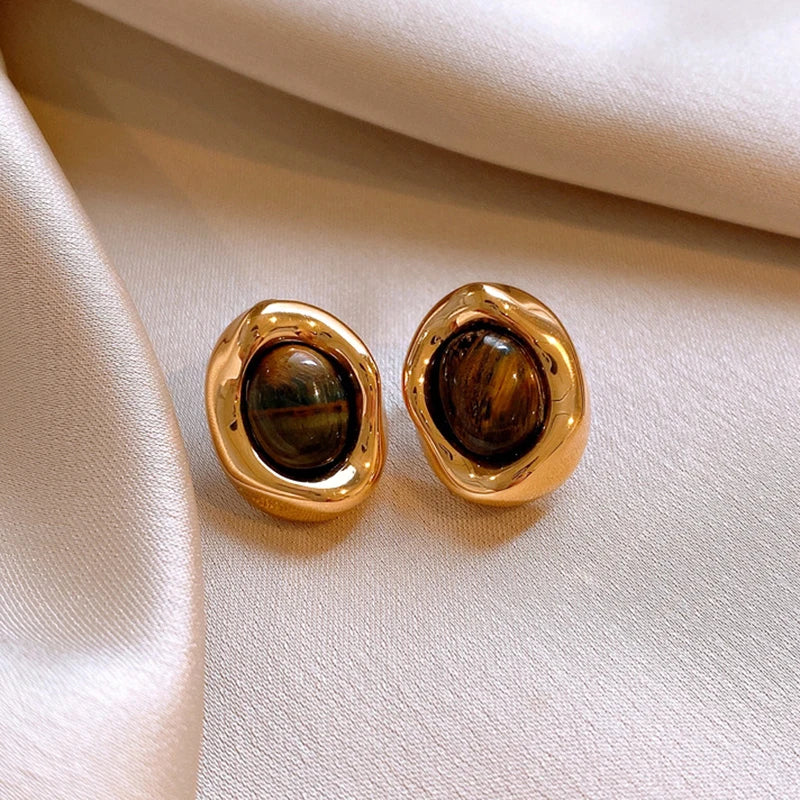 Tiger Eye Oval Stud Earrings
