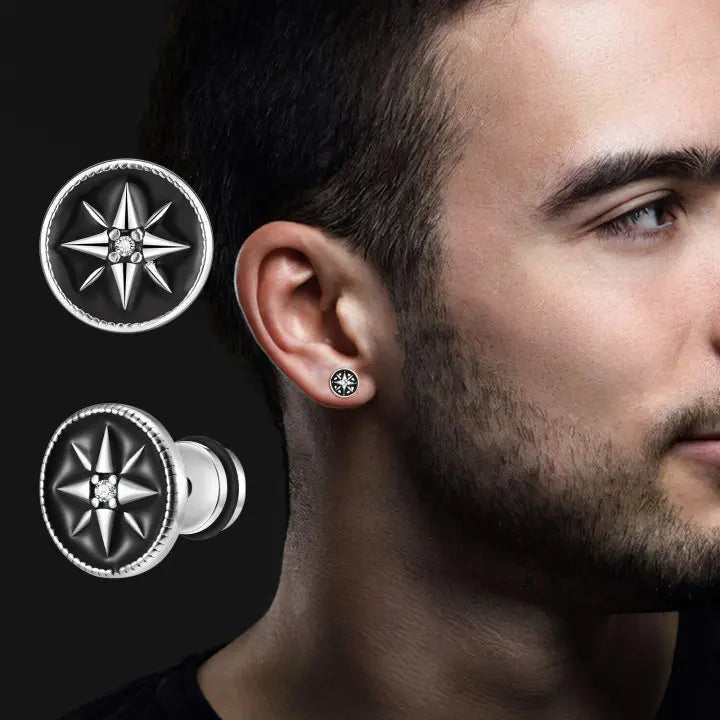 Men's Compass Stud Earrings Nautical Compass Rose