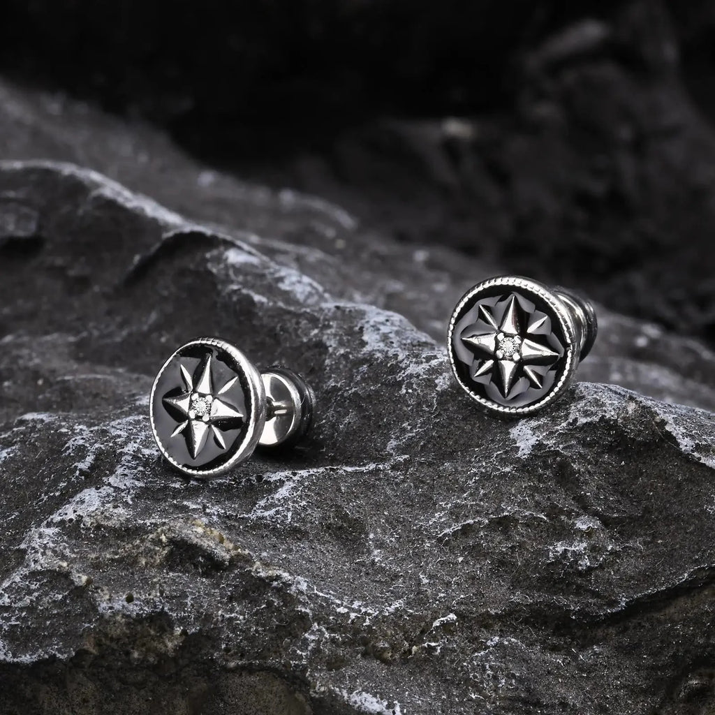 Men's Compass Stud Earrings Nautical Compass Rose