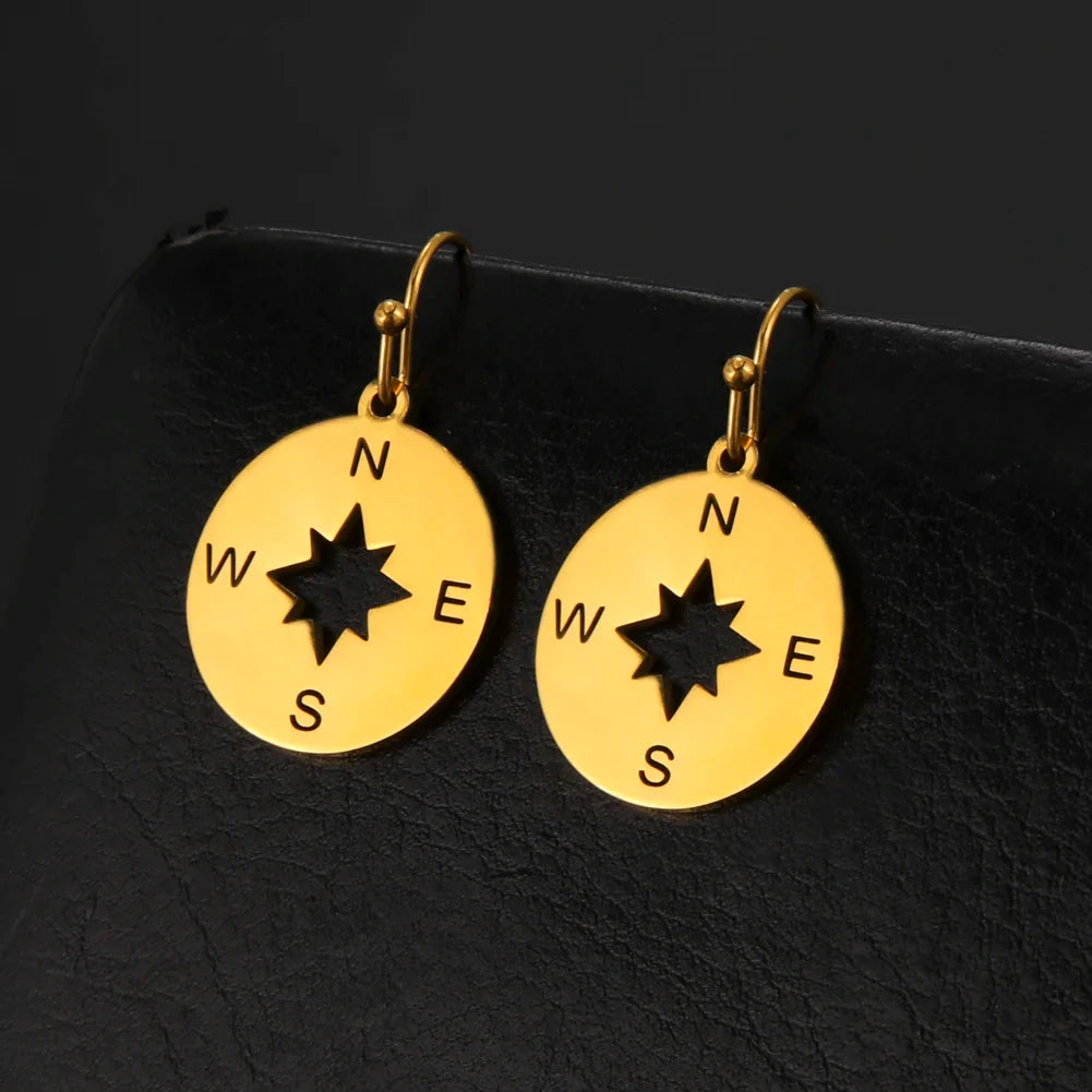 Compass Dangle Earrings Compass Wind Rose Women gold