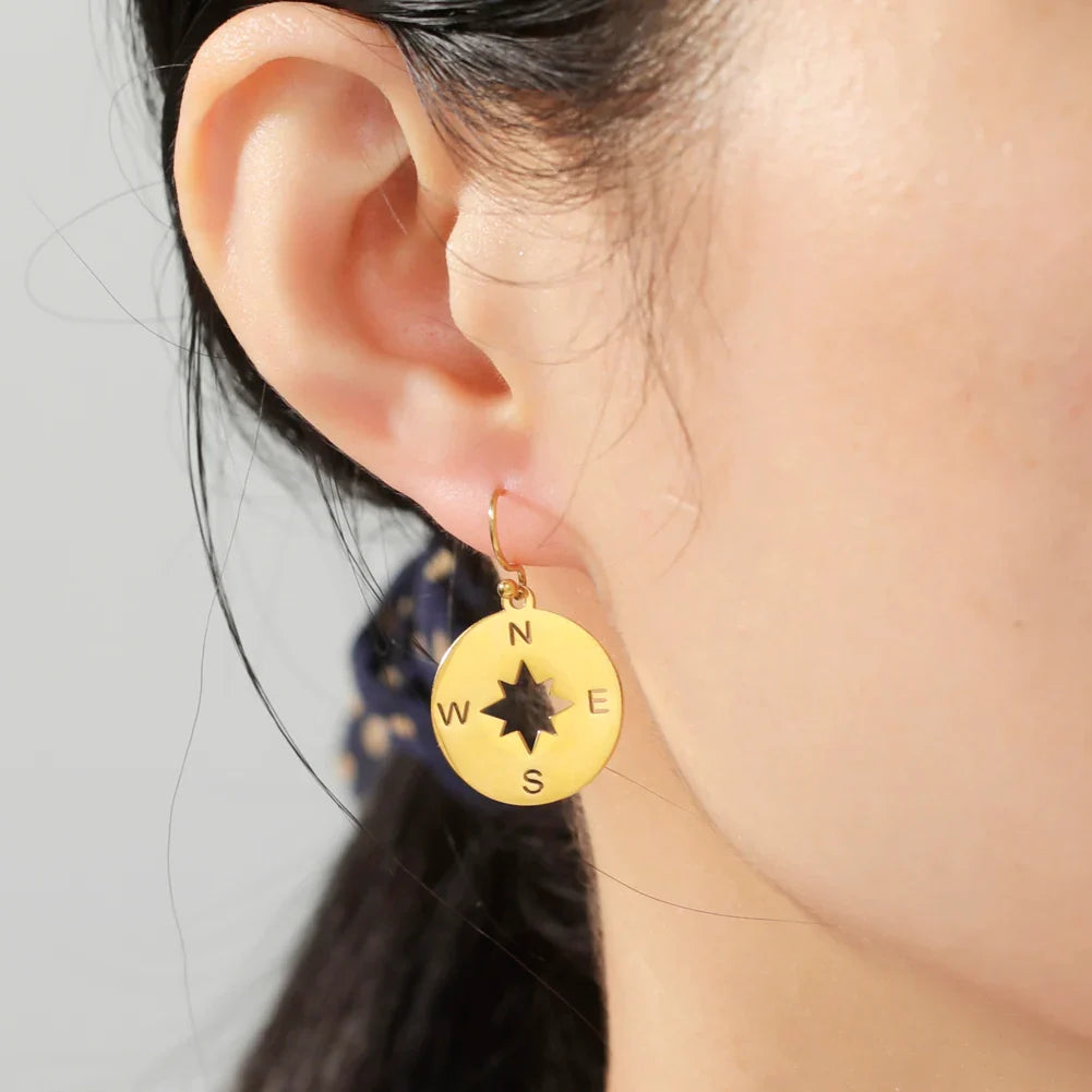Compass Dangle Earrings Compass Wind Rose Women gold