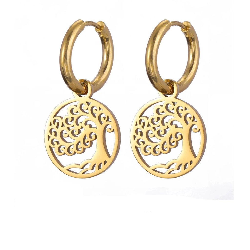 Tree of Life Dangle Hoop Earrings gold