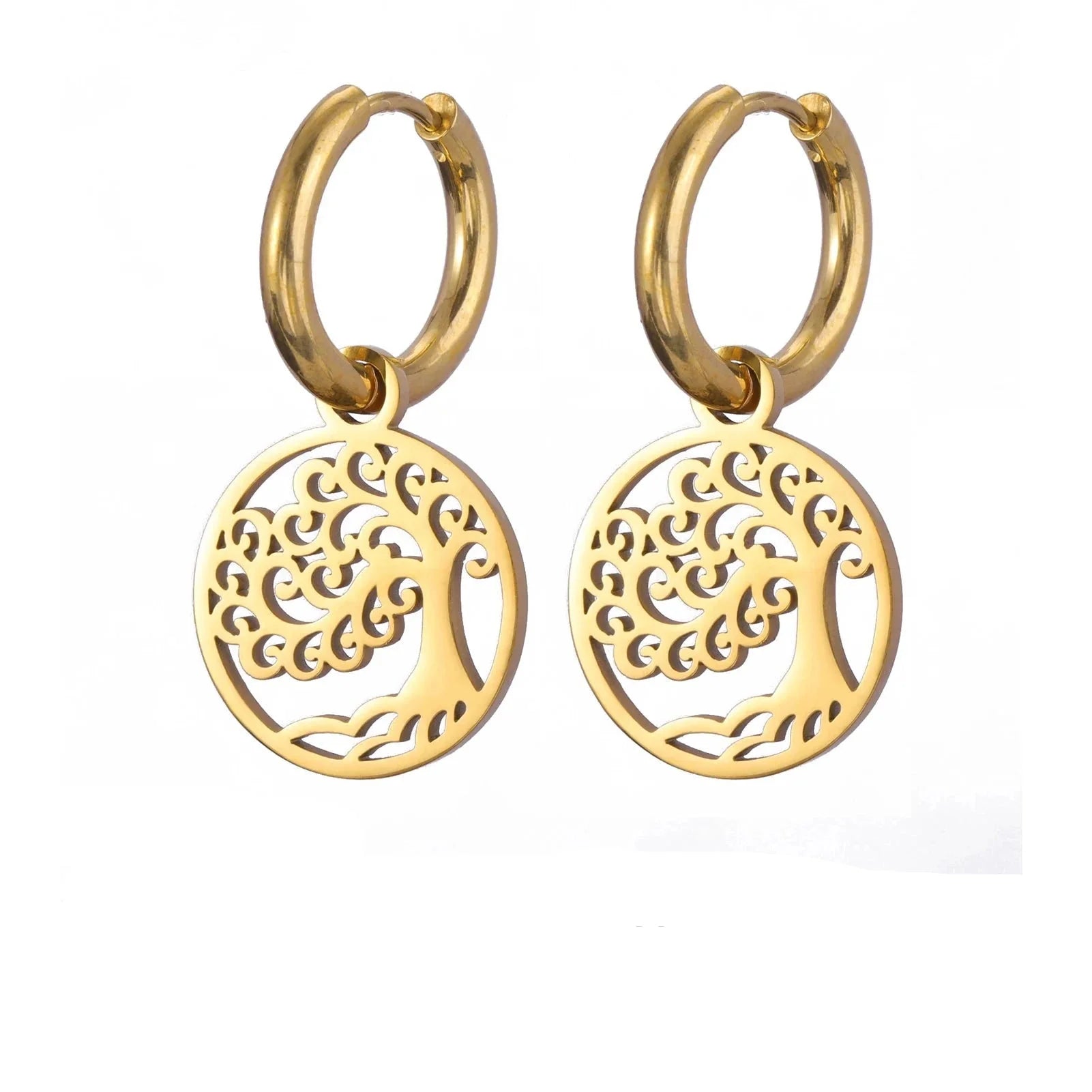 Tree of Life Dangle Hoop Earrings gold