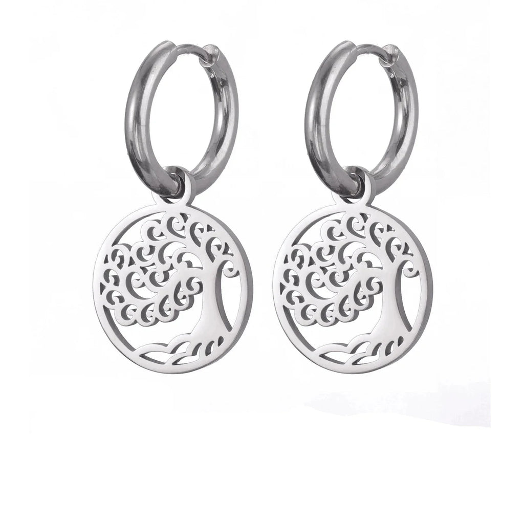 Tree of Life Dangle Hoop Earrings silver