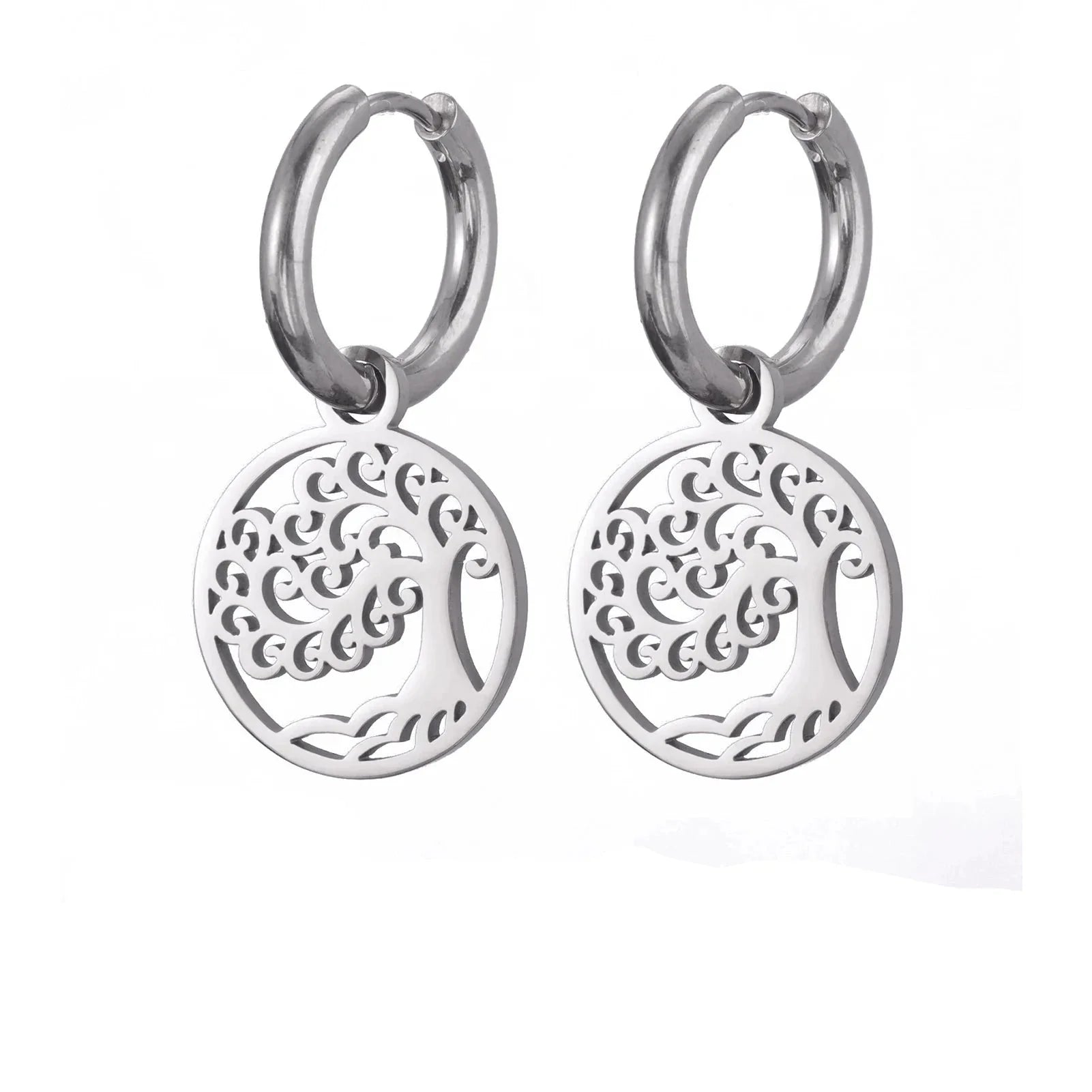 Tree of Life Dangle Hoop Earrings silver