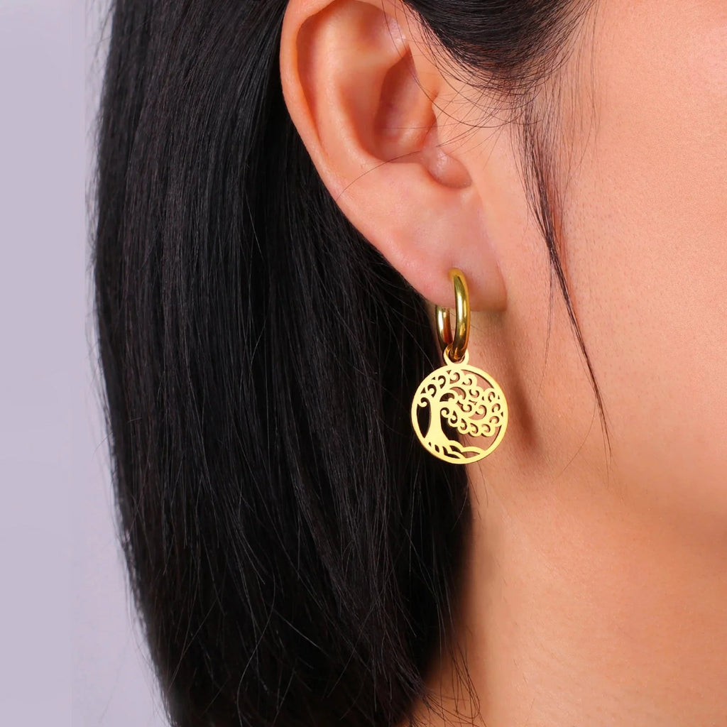 Tree of Life Dangle Hoop Earrings gold