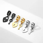 Gold key and padlock hoop earrings