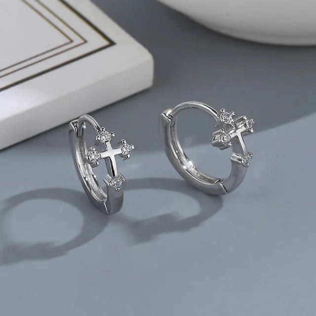 Jesus Cross Hoop Earrings with Zircon