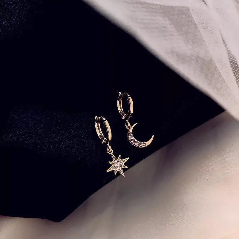 Star and Moon and Zircon Hoop Earrings in gold