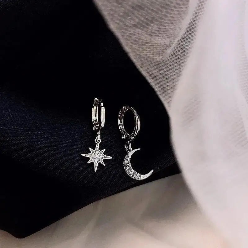 Star and Moon and Zircon Hoop Earrings in silver