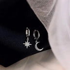 Star and Moon and Zircon Hoop Earrings in silver