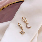 Star and Moon and Zircon Hoop Earrings in gold