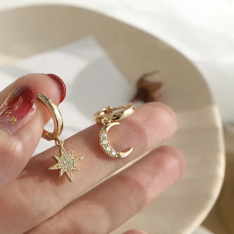 Star and Moon and Zircon Hoop Earrings in gold