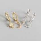 Star and Moon and Zircon Hoop Earrings in gold