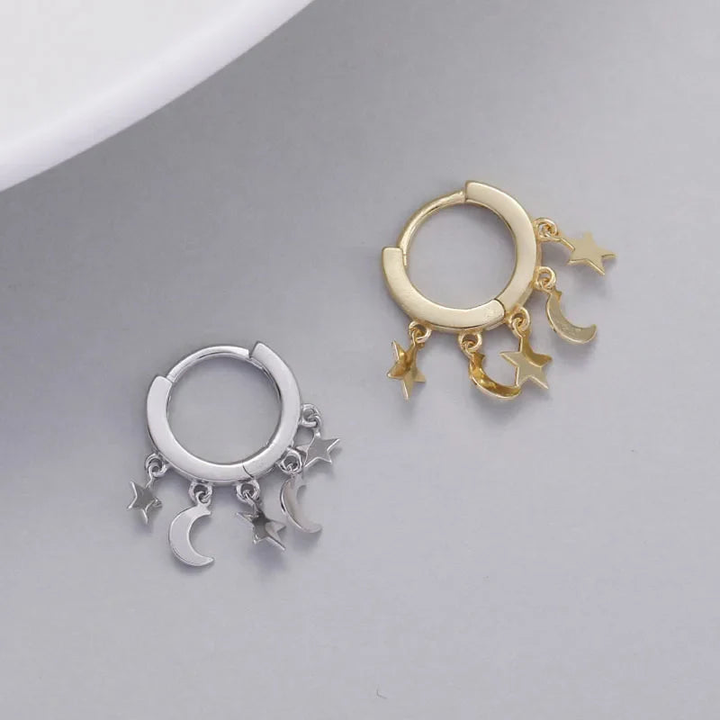 Star and Moon Dangle Hoop Earrings in silver