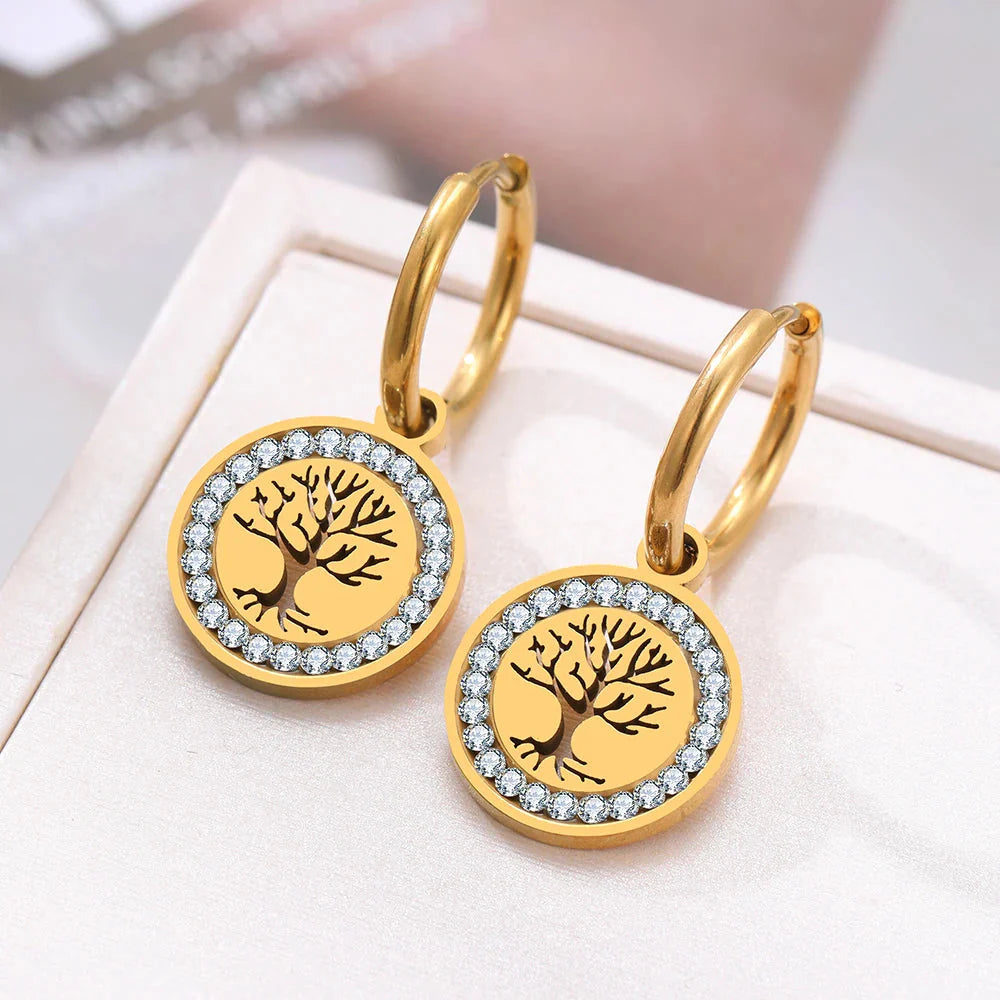 Tree of Life Dangling Hoop Earrings gold