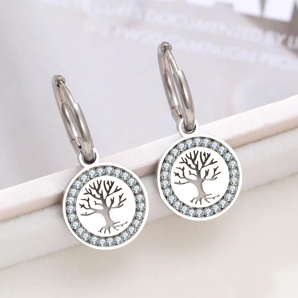 Tree of Life Dangling Hoop Earrings silver