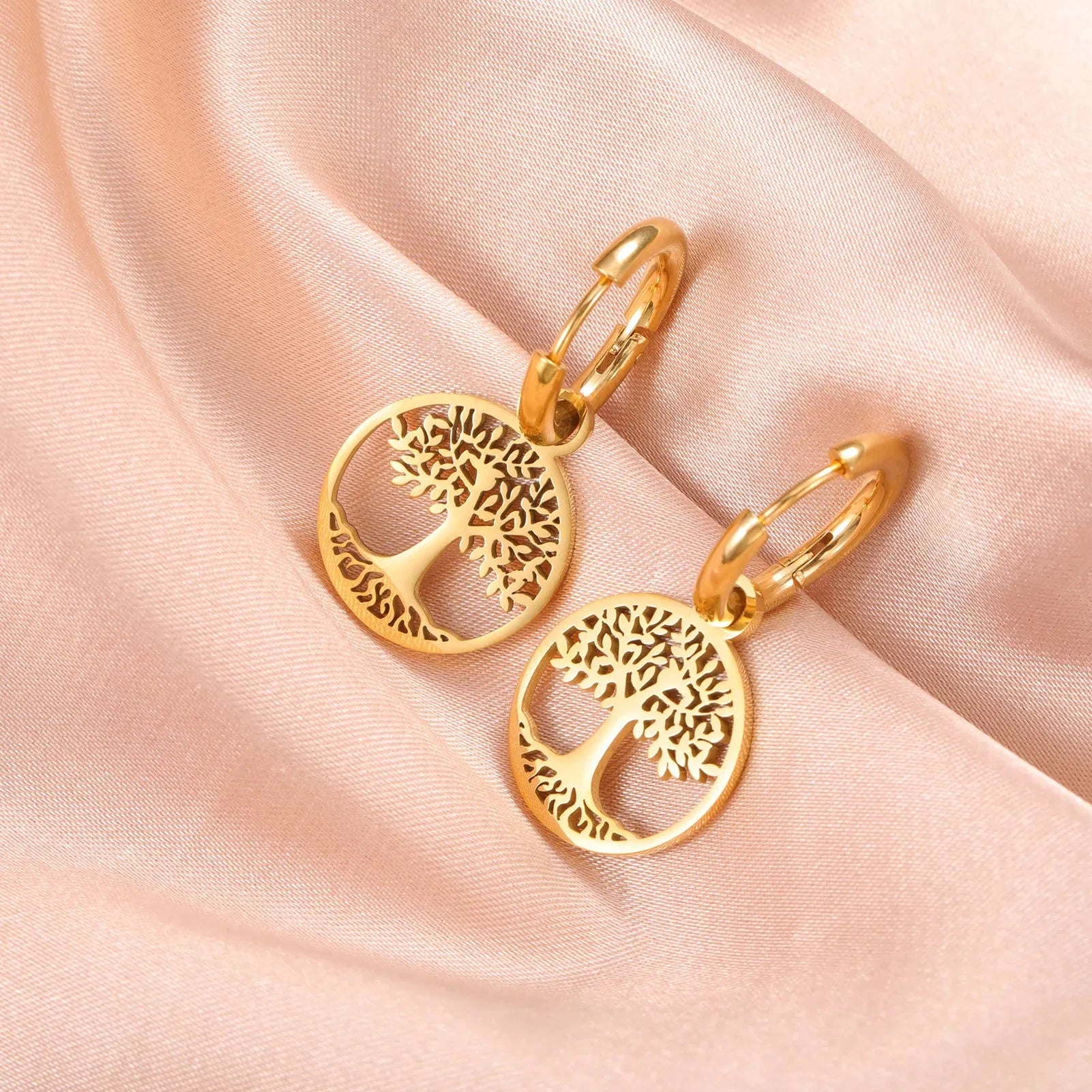 Tree of Life Dangle Hoop Earrings for Women gold