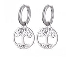 Women's Hoop Drop Earrings Tree of Life Silver