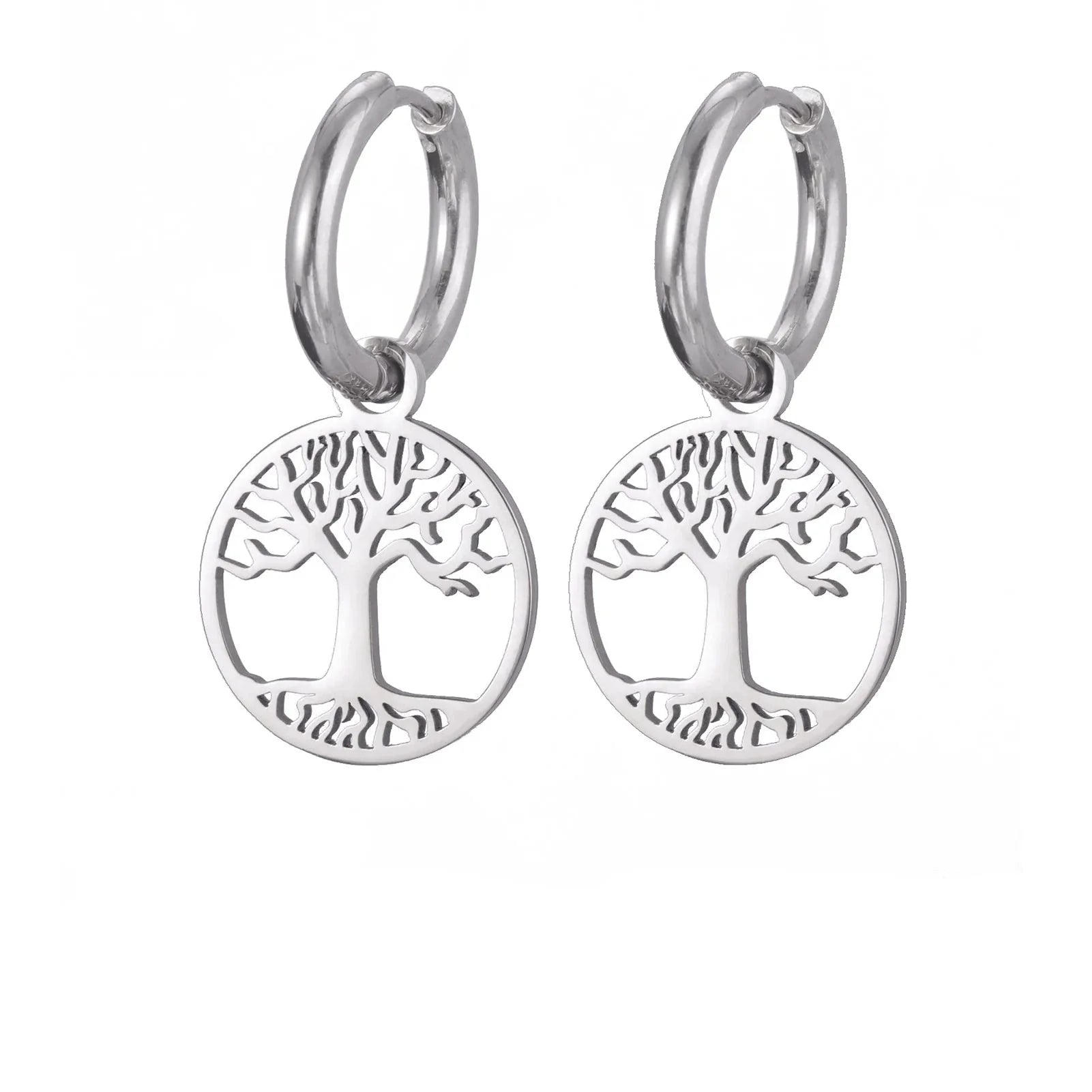 Women's Hoop Drop Earrings Tree of Life Silver