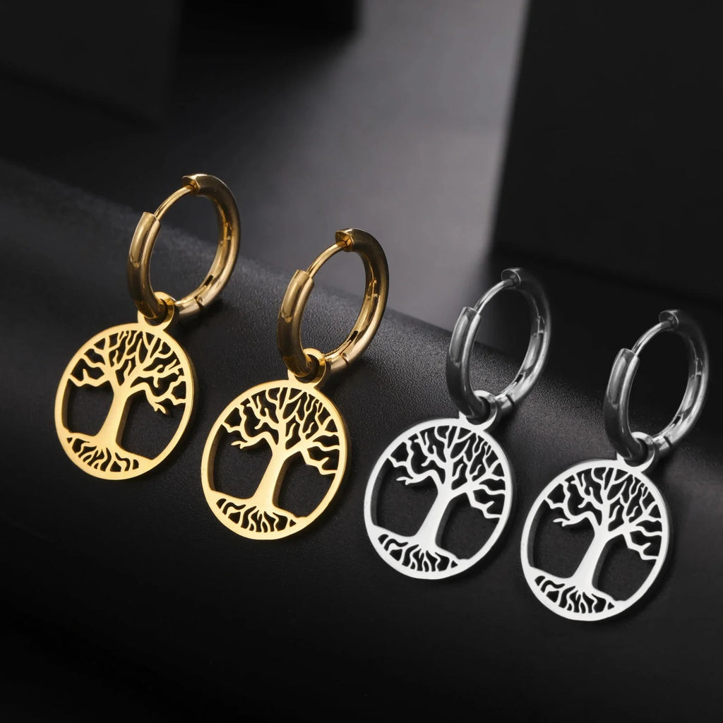 Women's Hoop Drop Earrings Tree of Life