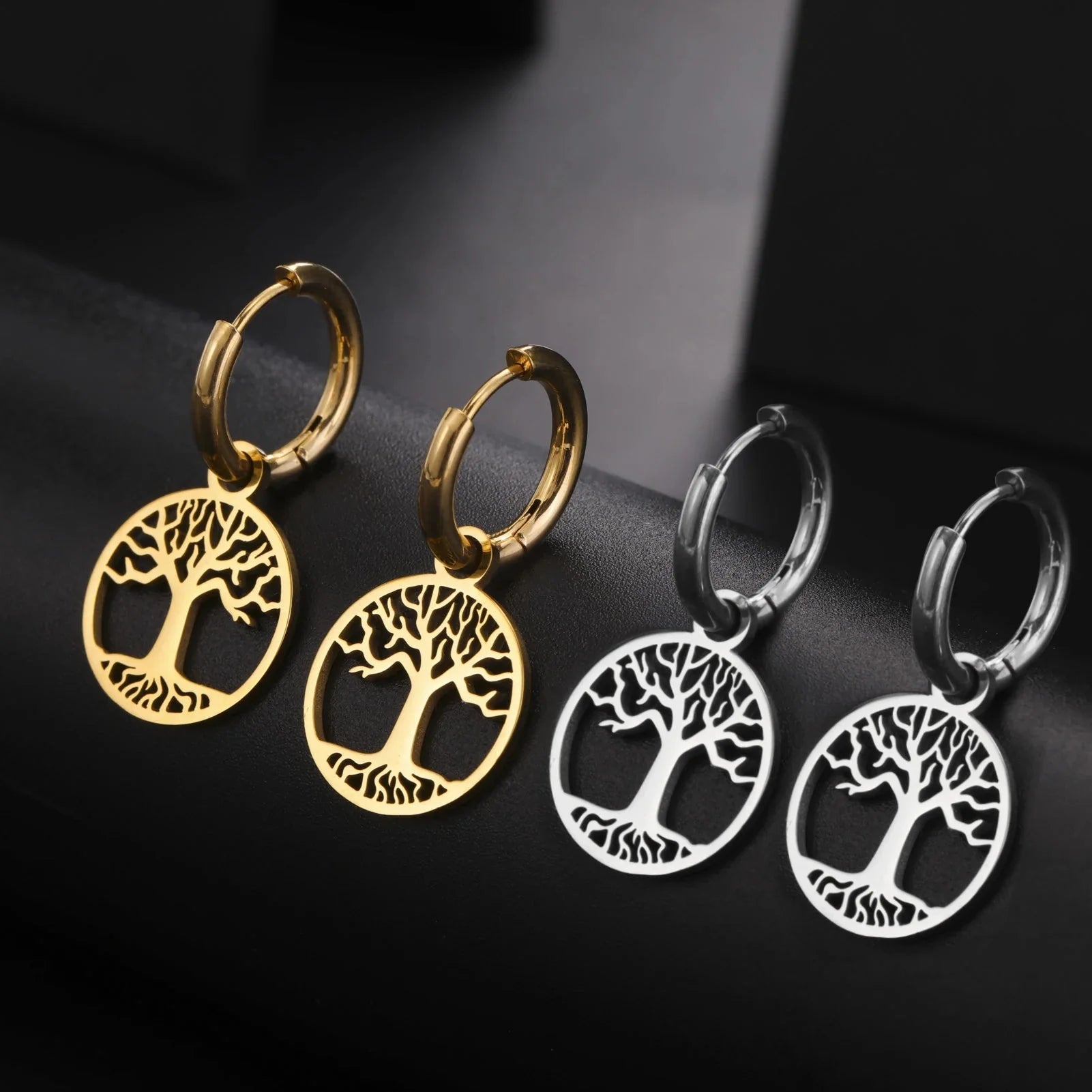 Women's Hoop Drop Earrings Tree of Life