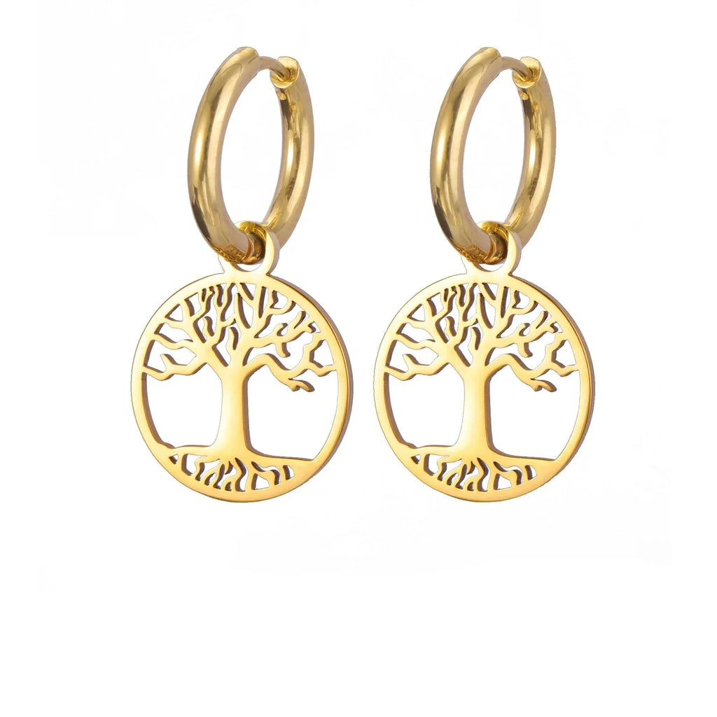 Women's Hoop Drop Earrings Tree of Life Gold