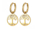Women's Hoop Drop Earrings Tree of Life Gold
