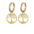 Women's Hoop Drop Earrings Tree of Life Gold