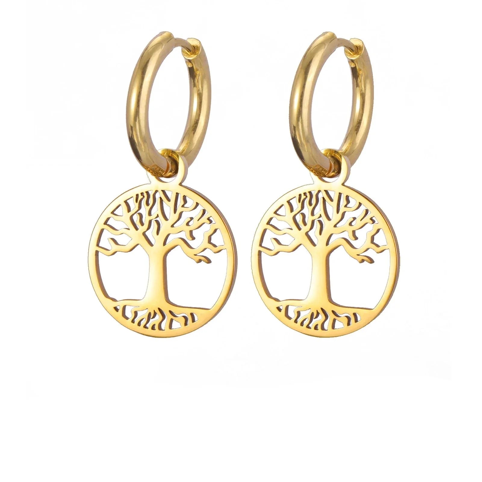 Women's Hoop Drop Earrings Tree of Life Gold