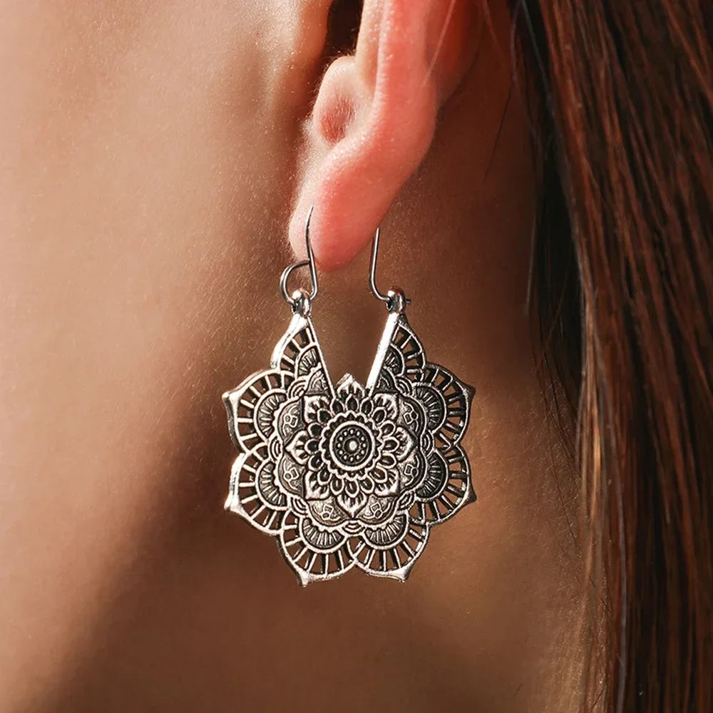Women's Mandala Flower Silver Earrings