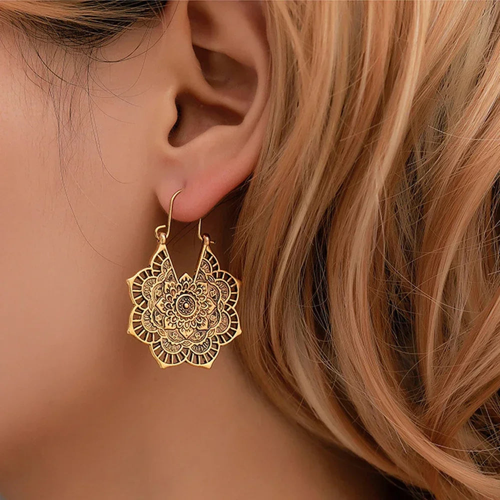 Women's Mandala Flower Gold Earrings