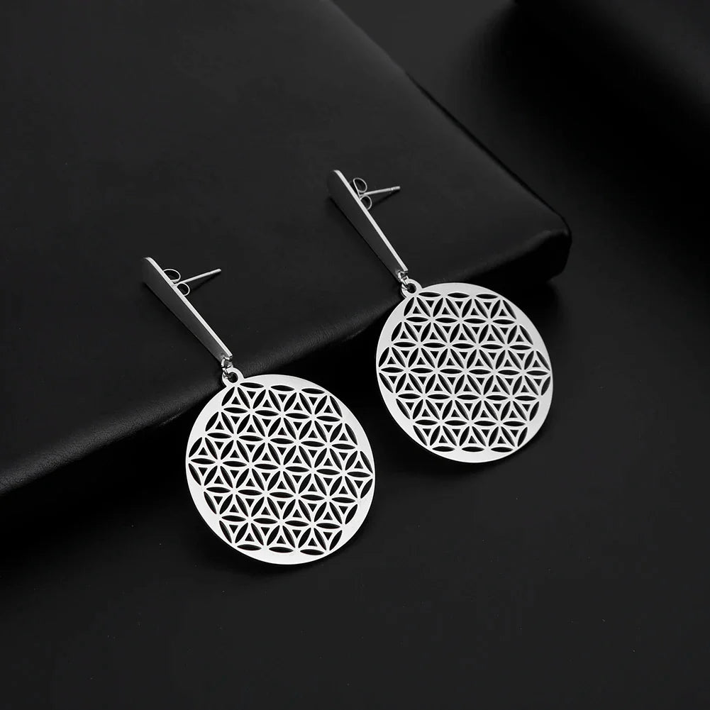 Life Flower Dangle Earrings Women Mandala Silver
