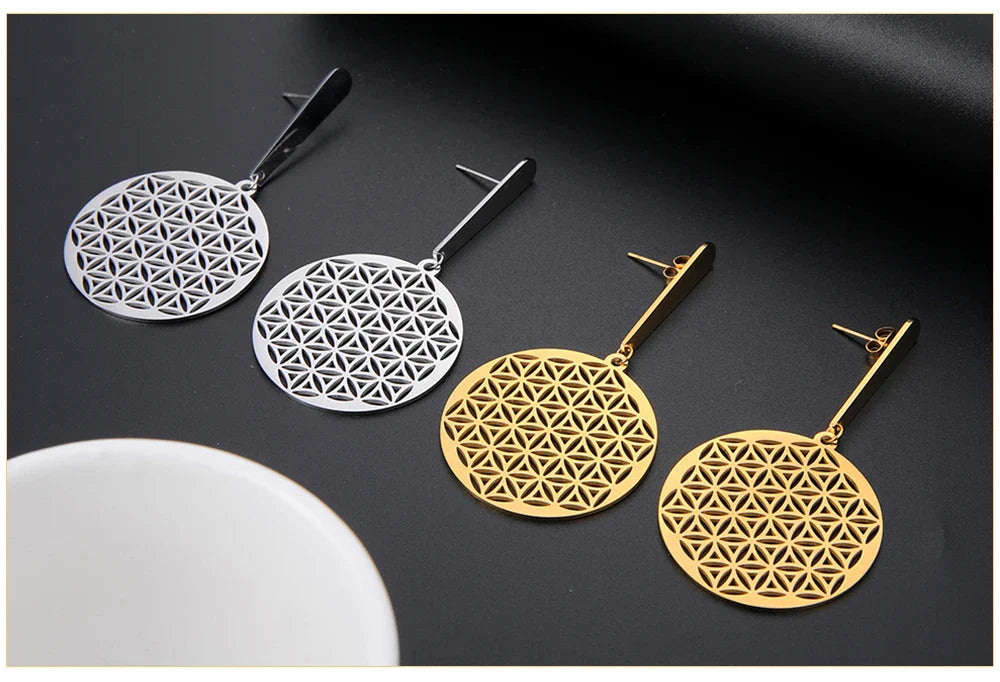 Life Flower Dangle Earrings Women Mandala Silver
