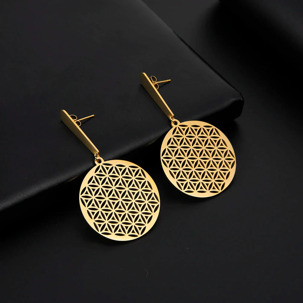 Life Flower Dangle Earrings Women Mandala Gold
