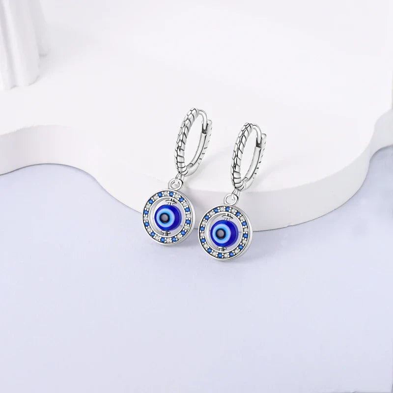 Round Blue Evil Eye Earrings with Beads