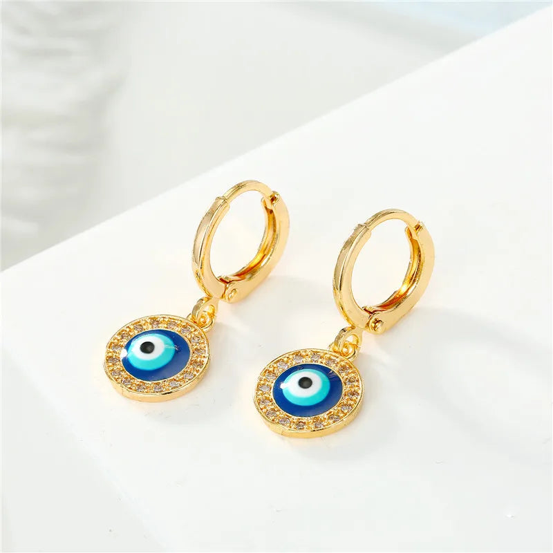 Blue Rhinestone Evil Eye Round Gold Earrings