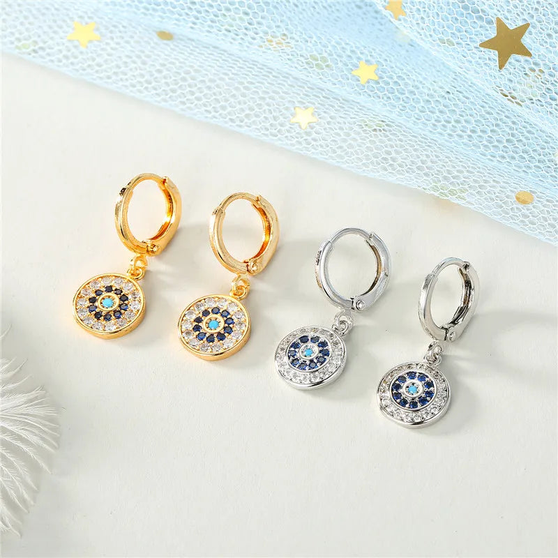 Round Blue Evil Eye Rhinestone Earrings